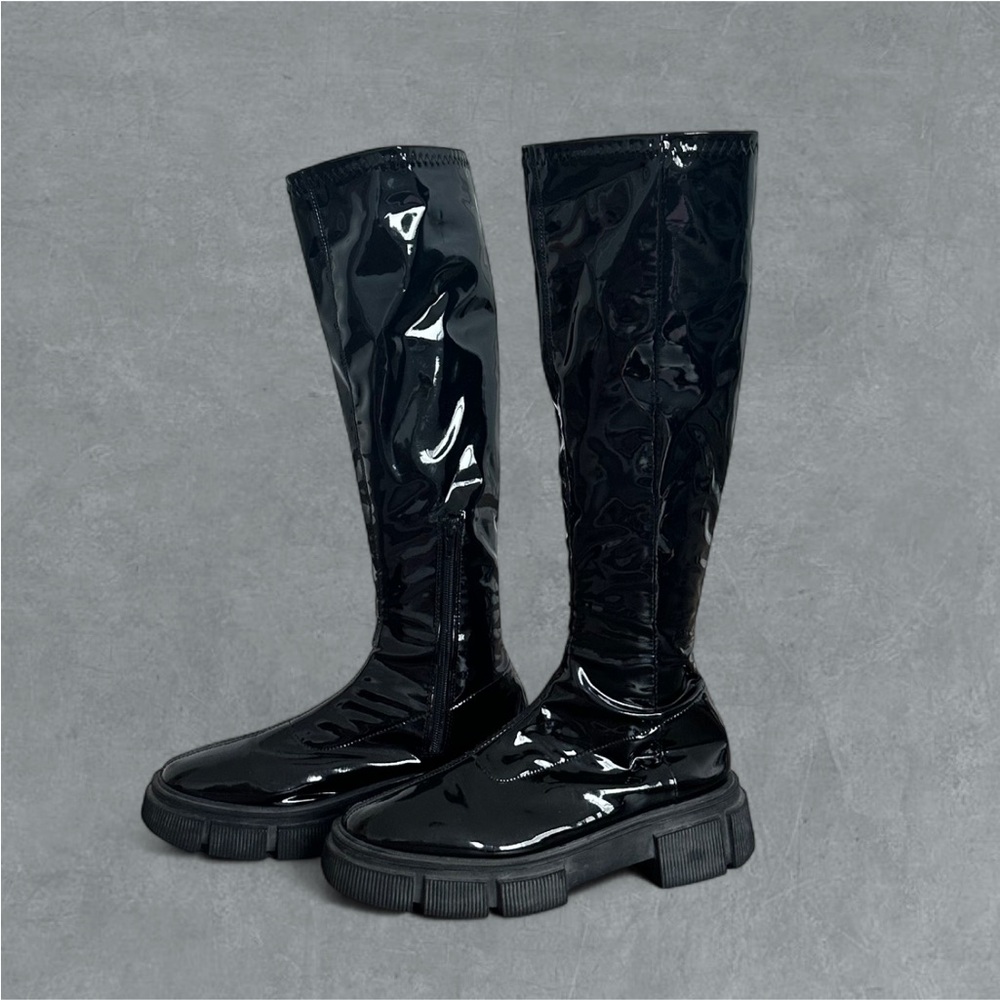 Black Patent Finish Knee-High Boots